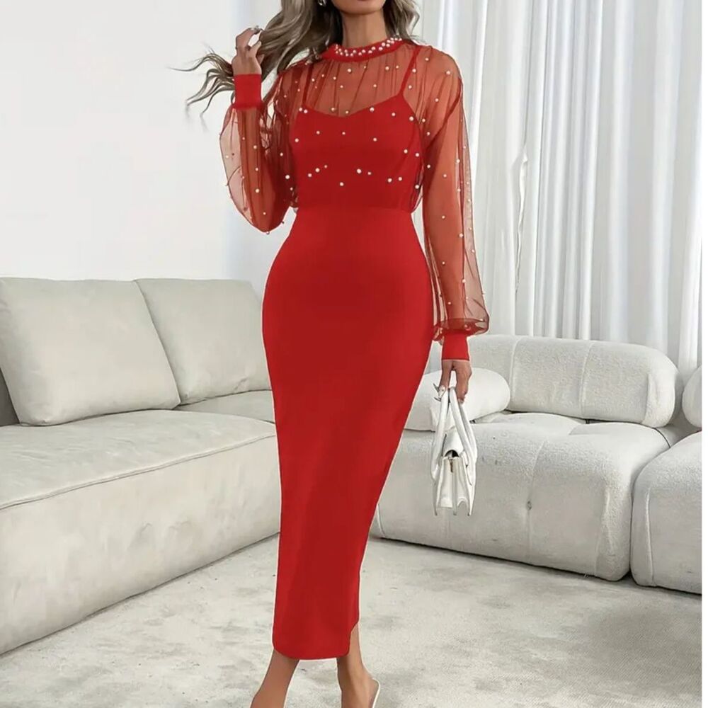 Pearl-Embellished Bodycon Dress – Red, Mesh Long Sleeves & Choker Neck (Women)